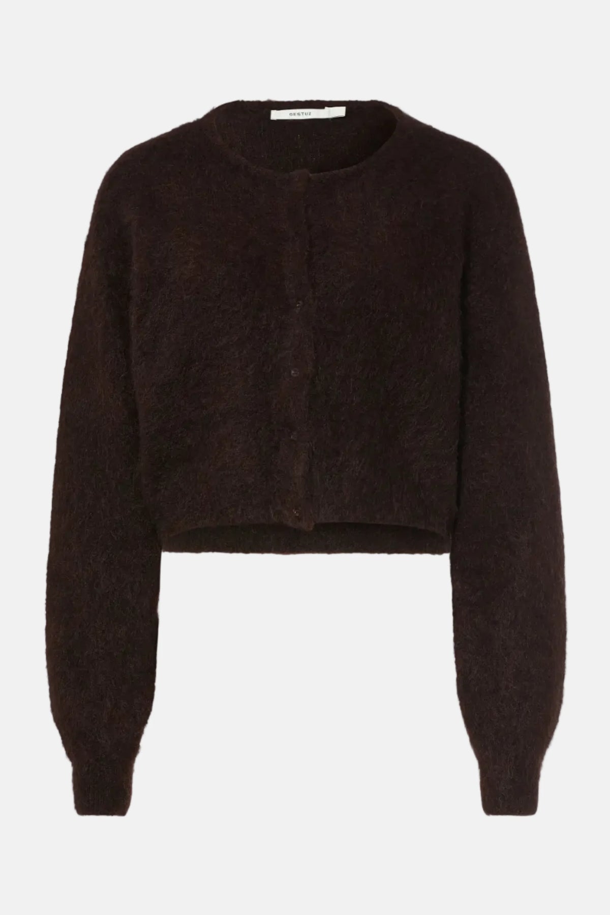 Gestuz Debbie Cardigan in Ganache Melange, kurz geschnitten aus flauschigem Strick