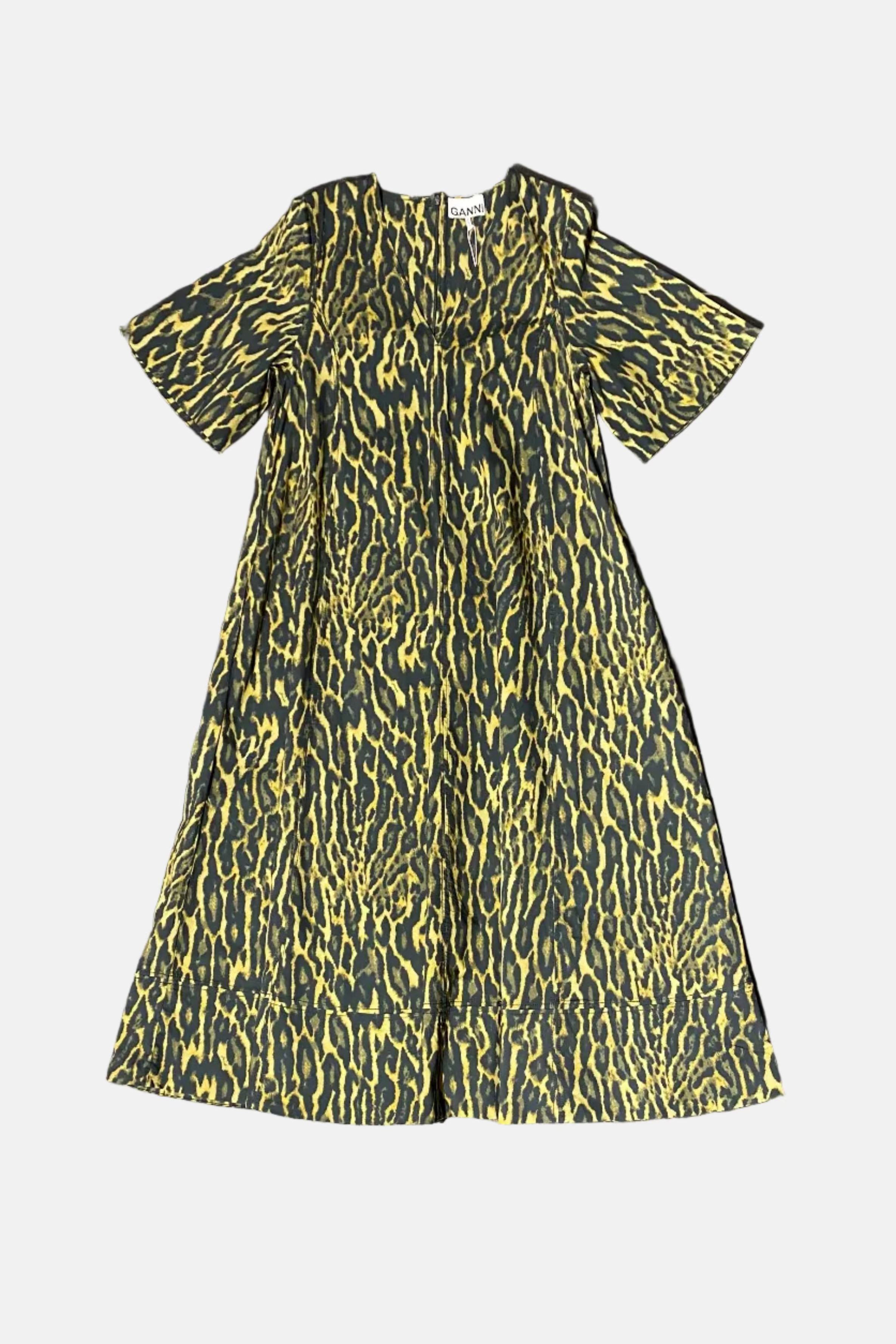 GANNI Printed Stretch Cotton, Khaki, A-line Dress