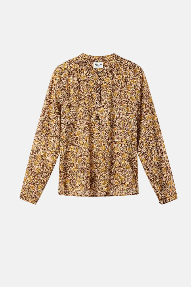 Marant Étoile Maria Bluse in Khaki Floral mit floralem Muster und fließender Silhouette.