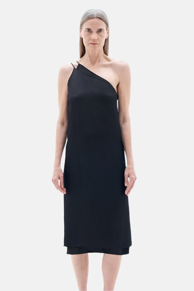 Asymmetric seersucker, black, dress