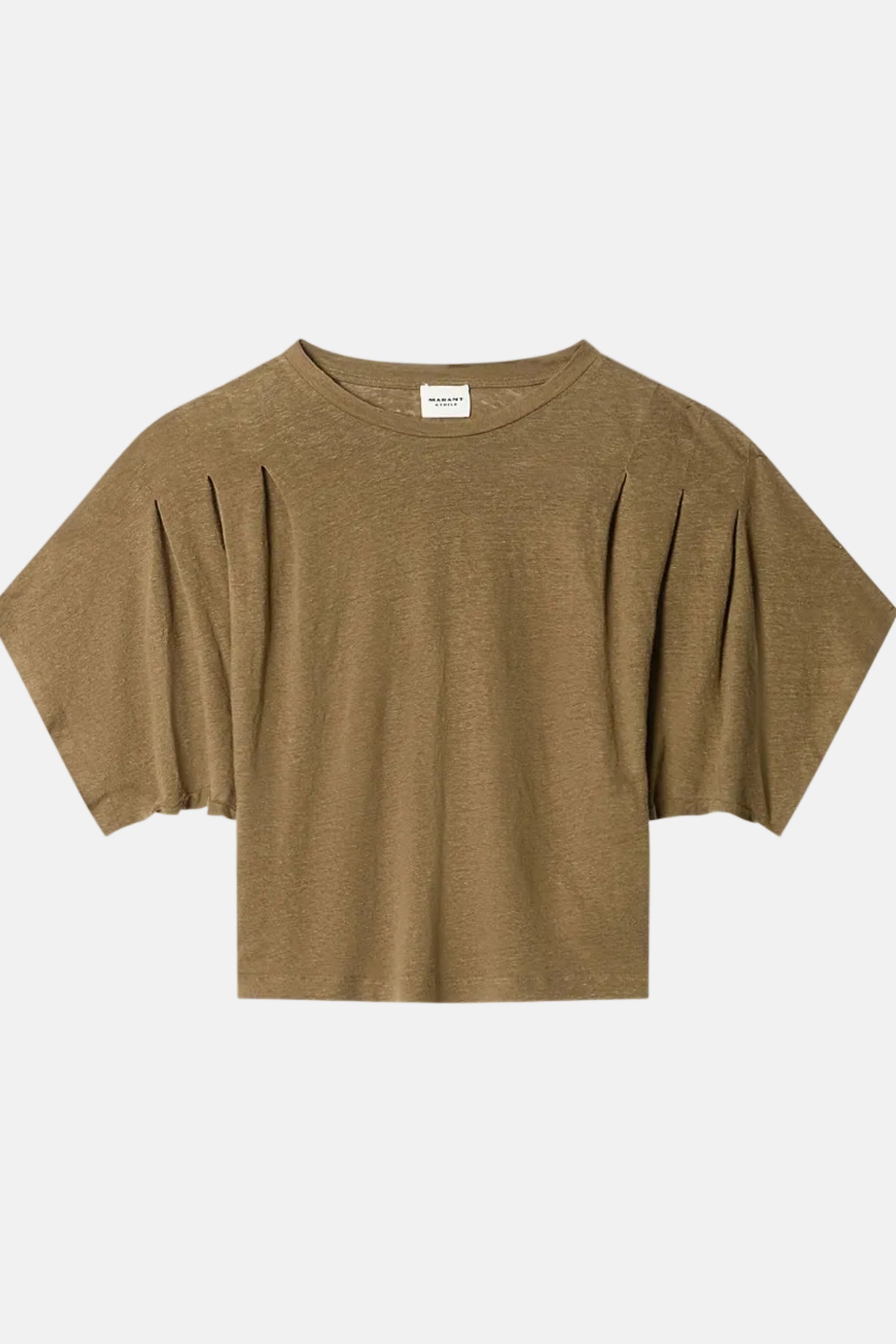 Marant Étoile Kyanza Shirt in Dark Khaki aus 100 % Leinen mit Rundhalsausschnitt und 3/4-Ärmeln.