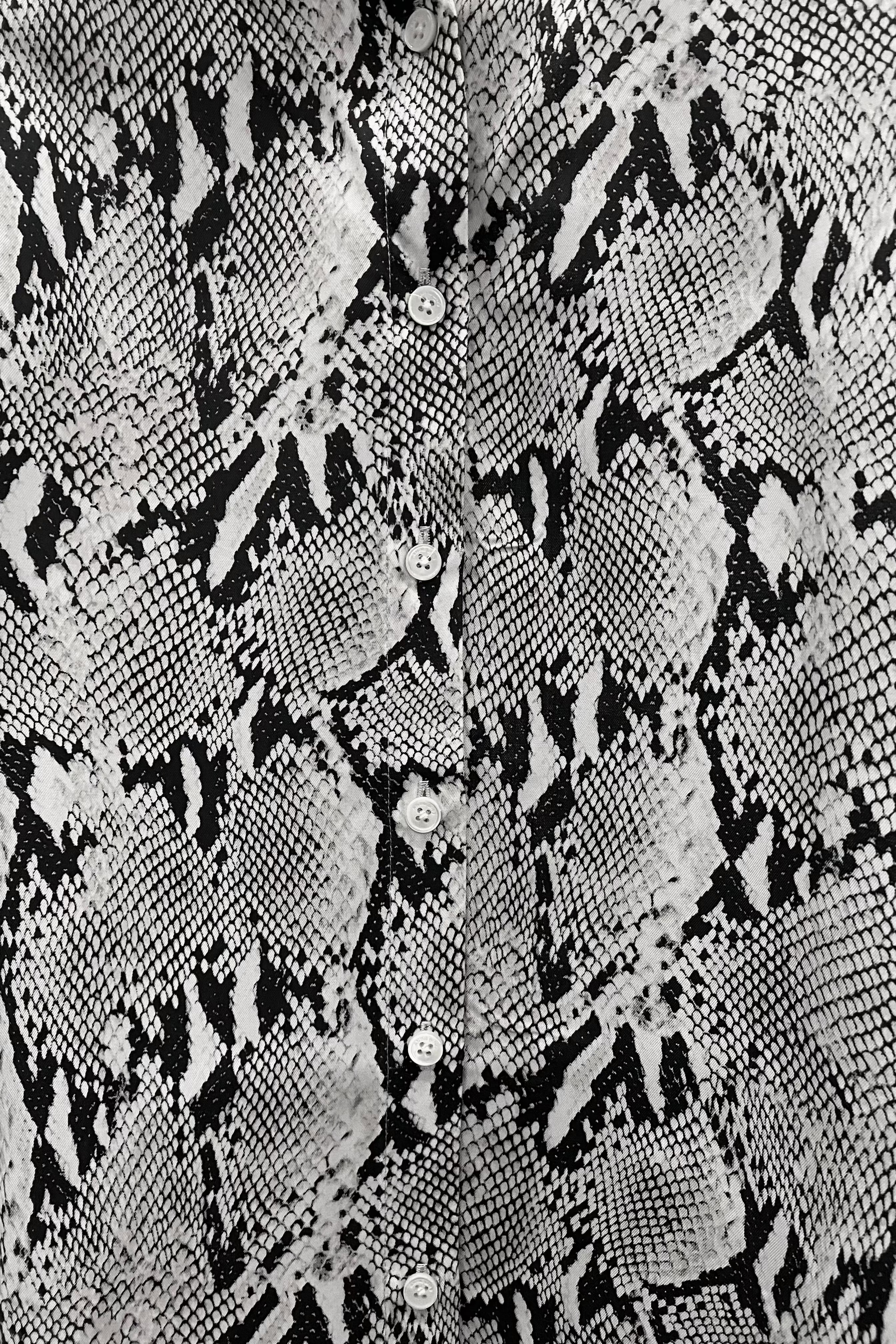 Detailaufnahme der Anine Bing Bridget Bluse, Python-Muster und Knopfleiste.