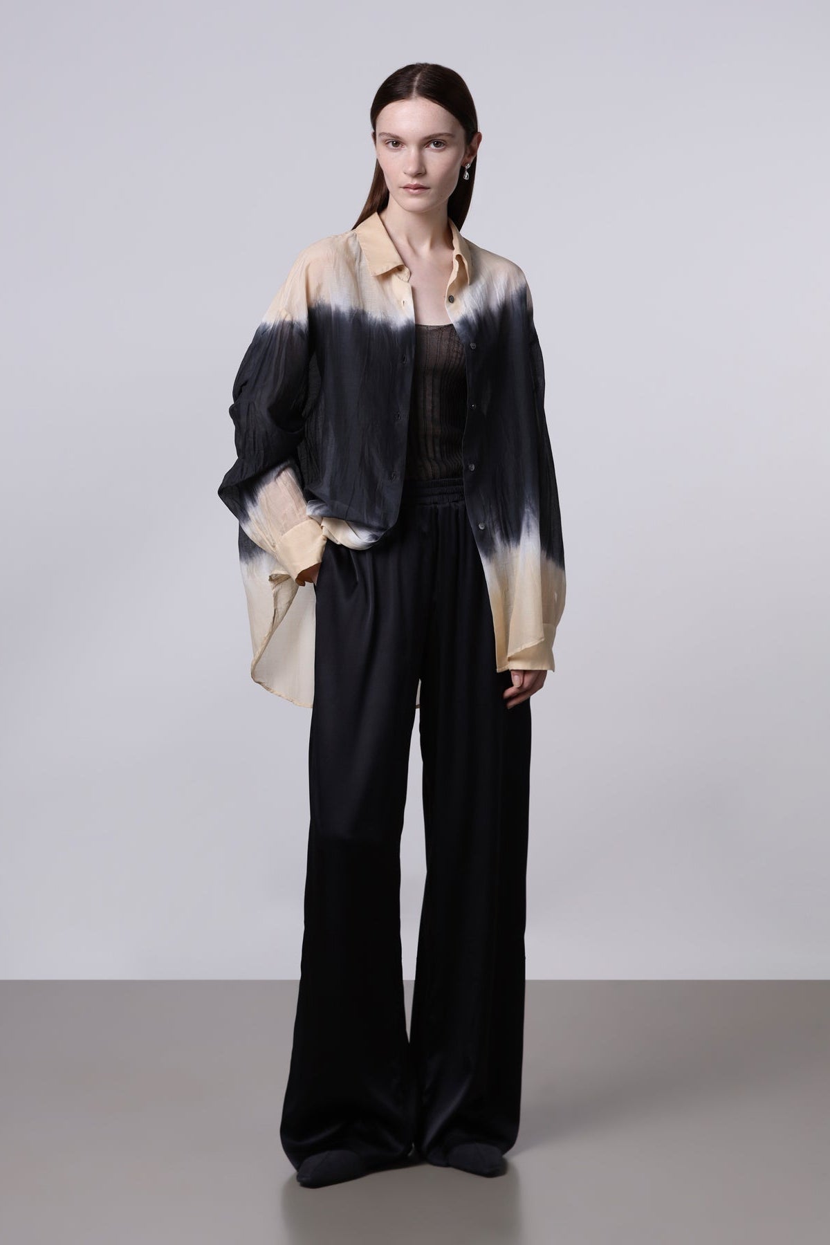 Roberto Collina Woven LS, Ecru/Antracite, Tie-dye Bluse