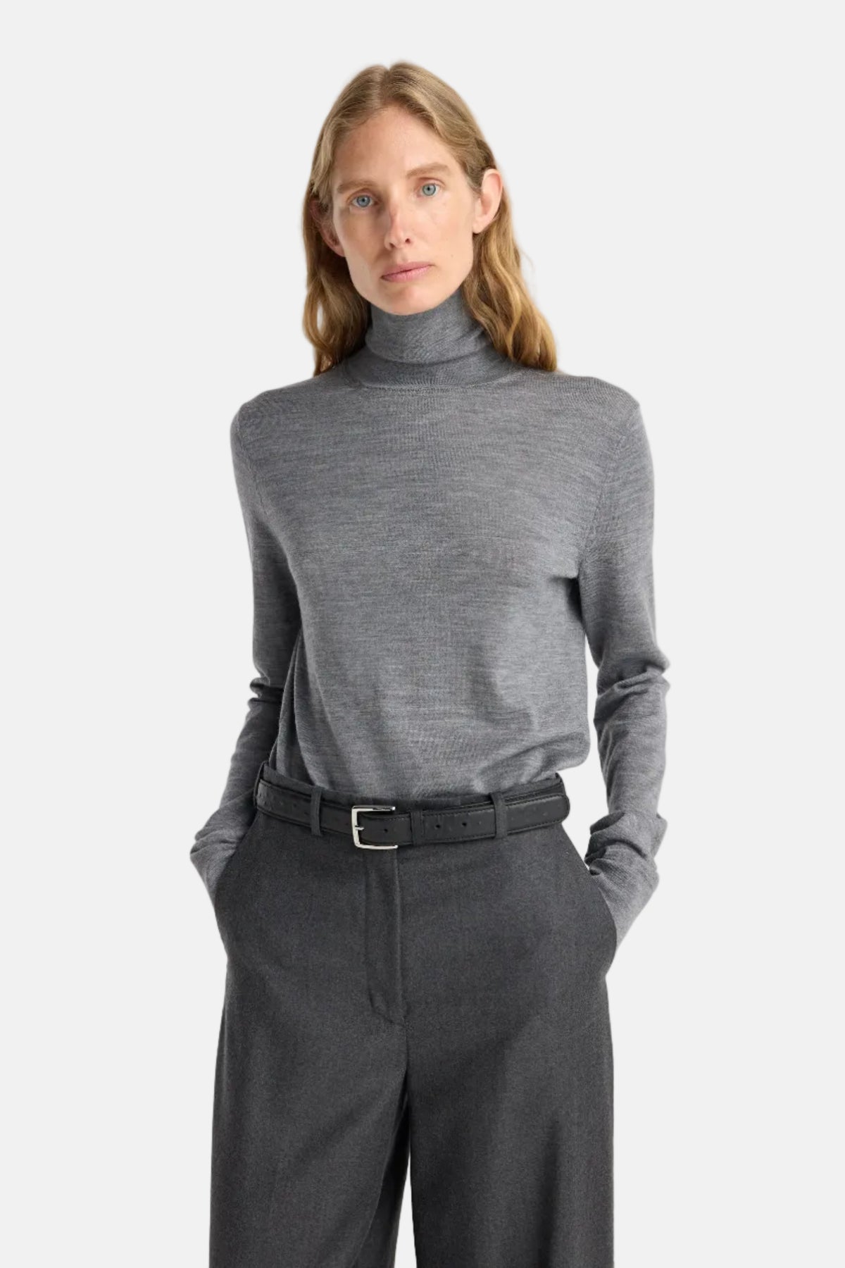 Róhe Fine Merino Mid Grey Melange Turtleneck Langarmshirt in Grau