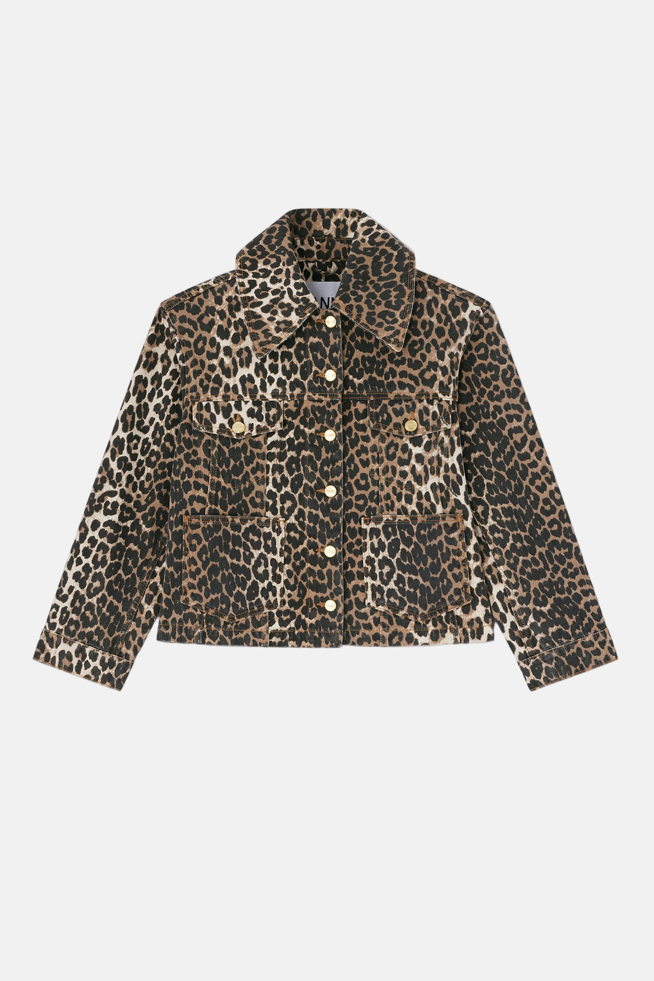 GANNI Print Denim Jacket in Almond Milk, Leopard-Print, Organic Cotton, verkürzte Passform.