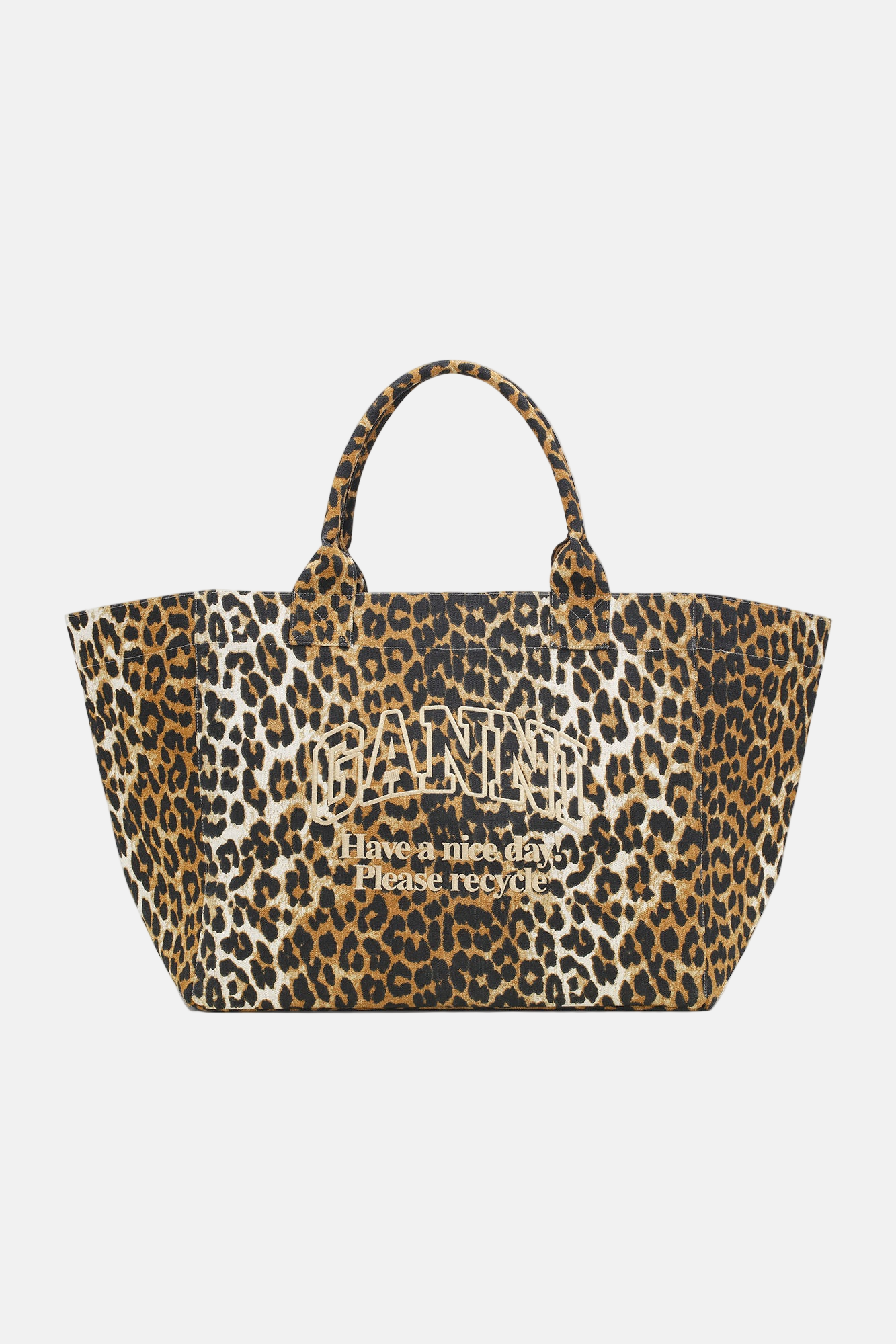 GANNI XXL Leopard Shopper aus recycelter Baumwolle, großes Fach, Logo und Statement-Print.
