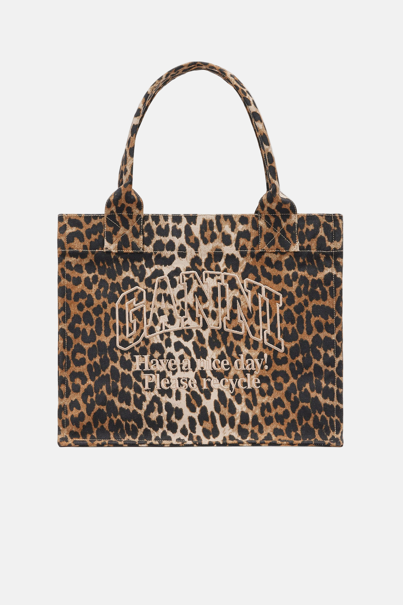 GANNI Large Leopard Shopper aus recycelter Baumwolle, gesticktes Logo, großes Hauptfach.