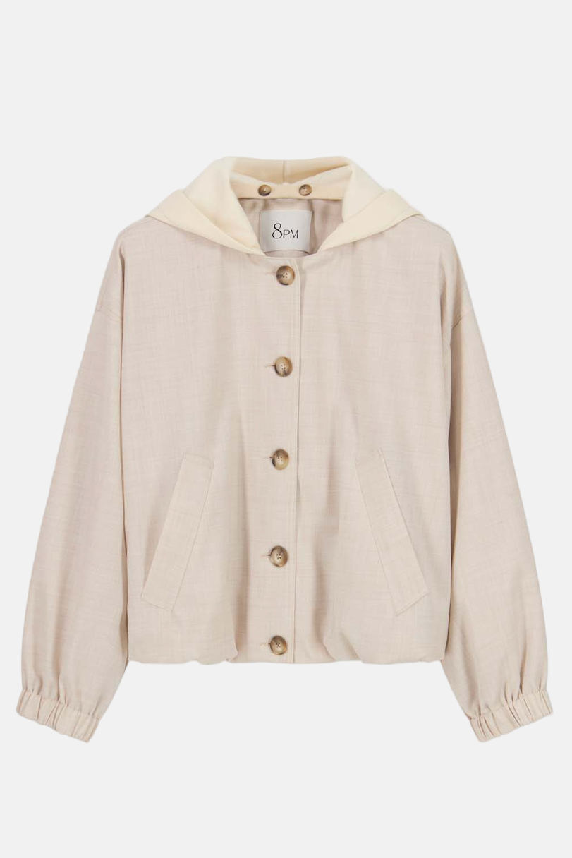 8PM Rapallo Jacke in Off White Melange, vorne mit Kapuze und Knopfleiste.