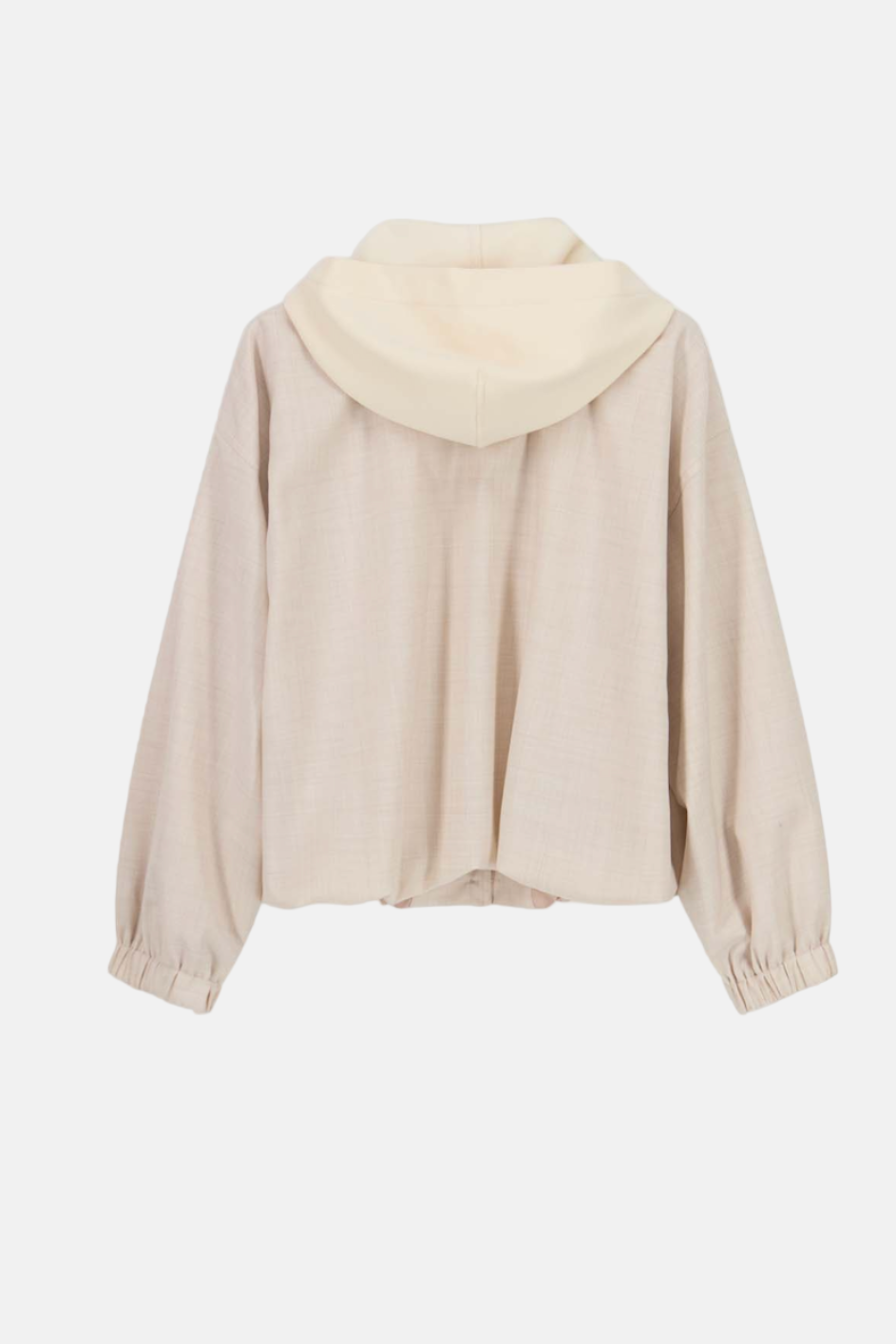 Rückansicht der 8PM Rapallo Jacke in Off White Melange mit großer Kapuze.