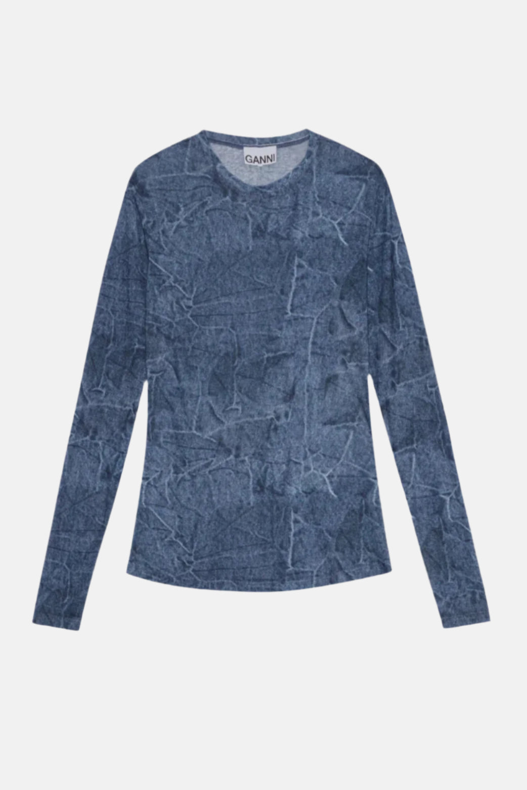 GANNI Mesh Crew Neck, Denim, Bluse