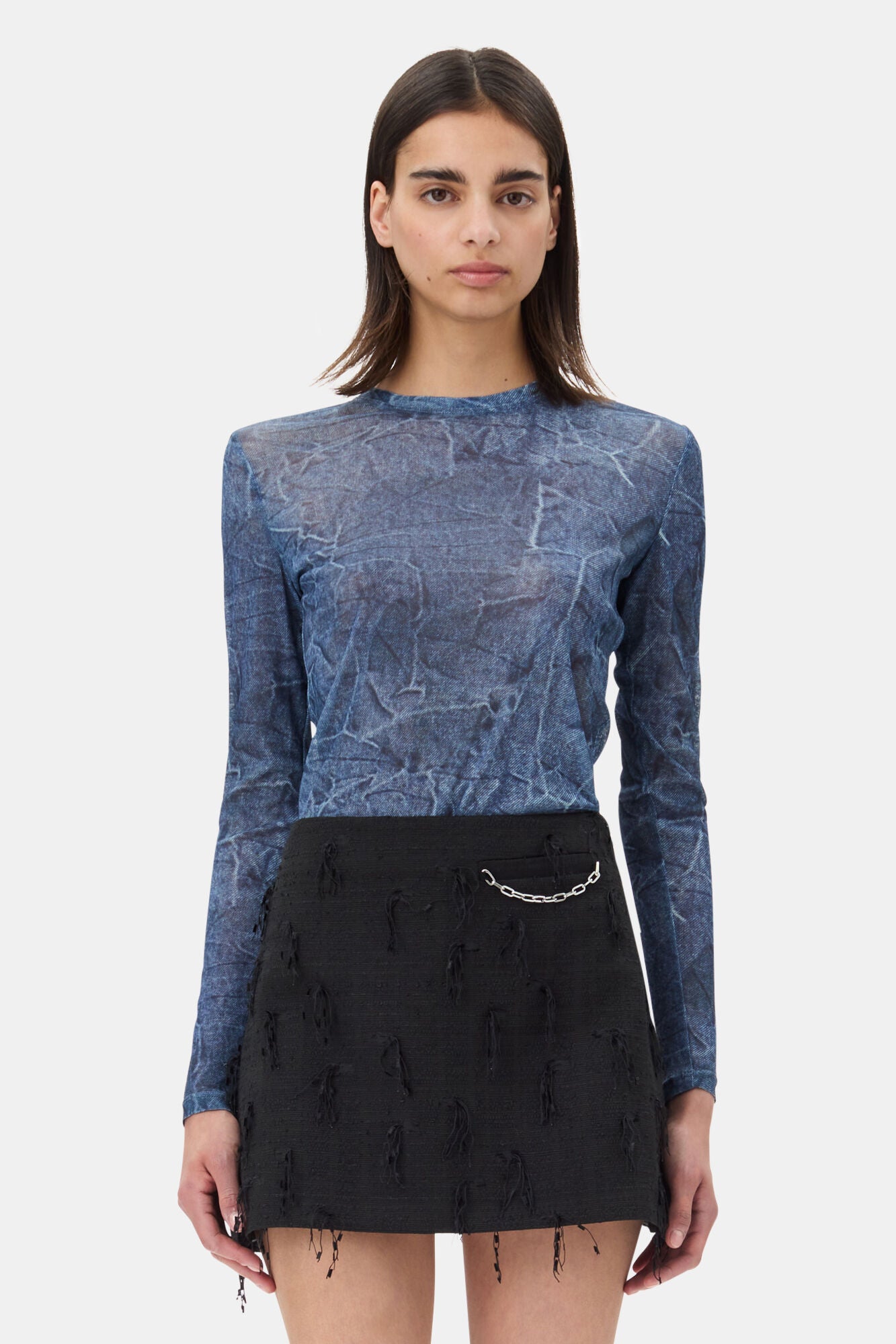 GANNI Mesh Crew Neck, Denim, Bluse