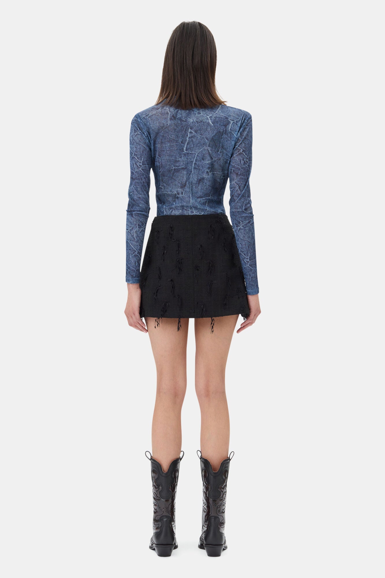 GANNI Mesh Crew Neck, Denim, Bluse