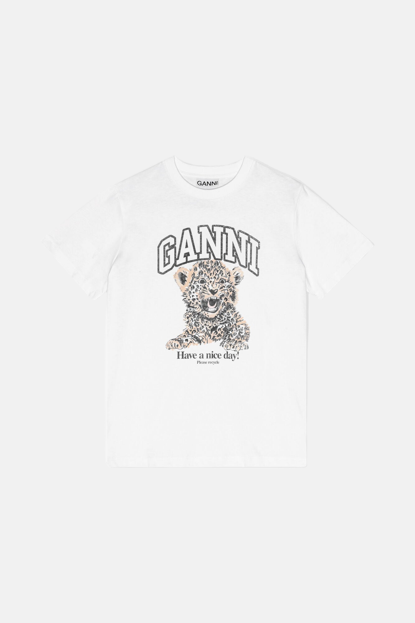 GANNI Basic Jersey Leopard Relaxed T-Shirt aus Organic Cotton, weißes Graphic Tee.