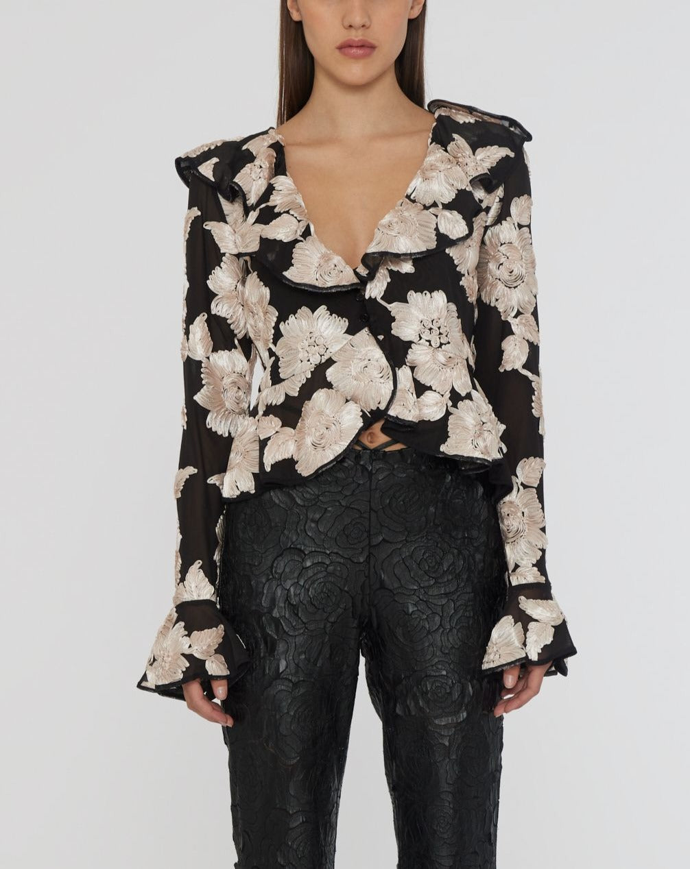 Flower Mesh Ruffle, Cream, Top