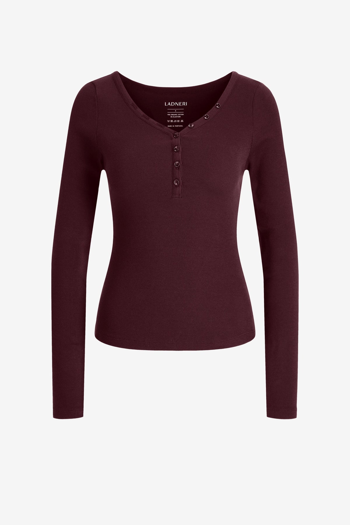Ladneri Line Longsleeve in Winetasting, Rippstrick mit Knopfleiste und V-Ausschnitt