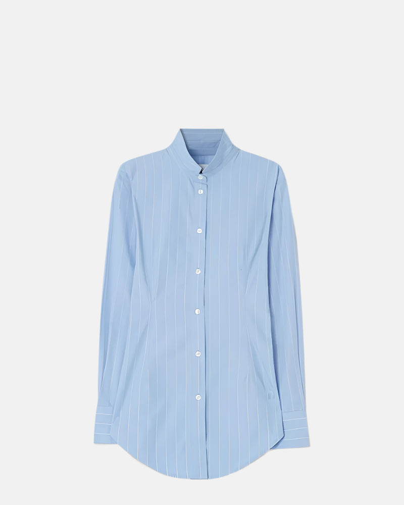 Light blue pinstriped long-sleeve shirt with a band collar.