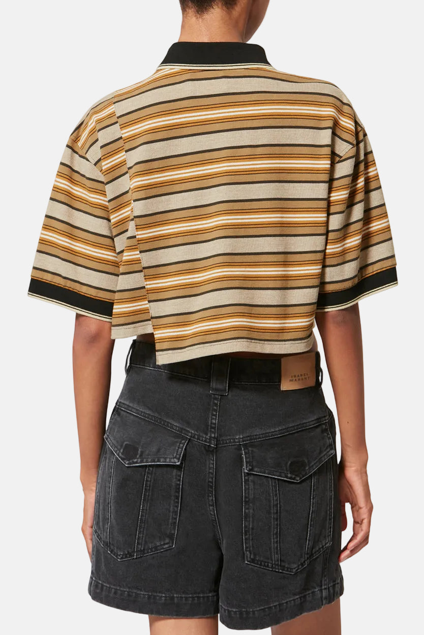 Marant Étoile Isalyne Poloshirt in Beige/Khaki aus organischer Piqué-Baumwolle, gestreift mit Kontrastkragen.