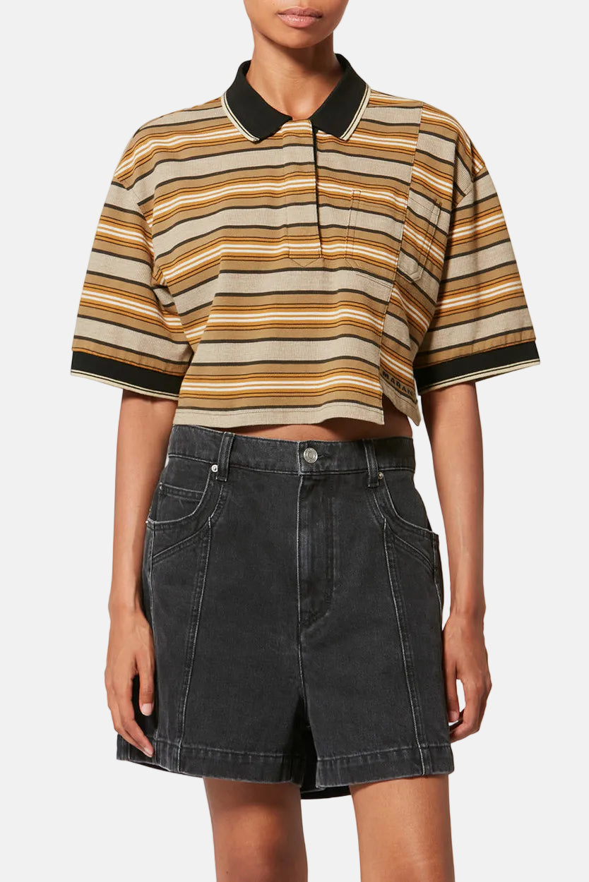 Marant Étoile Isalyne Poloshirt in Beige/Khaki aus organischer Piqué-Baumwolle, gestreift mit Kontrastkragen.