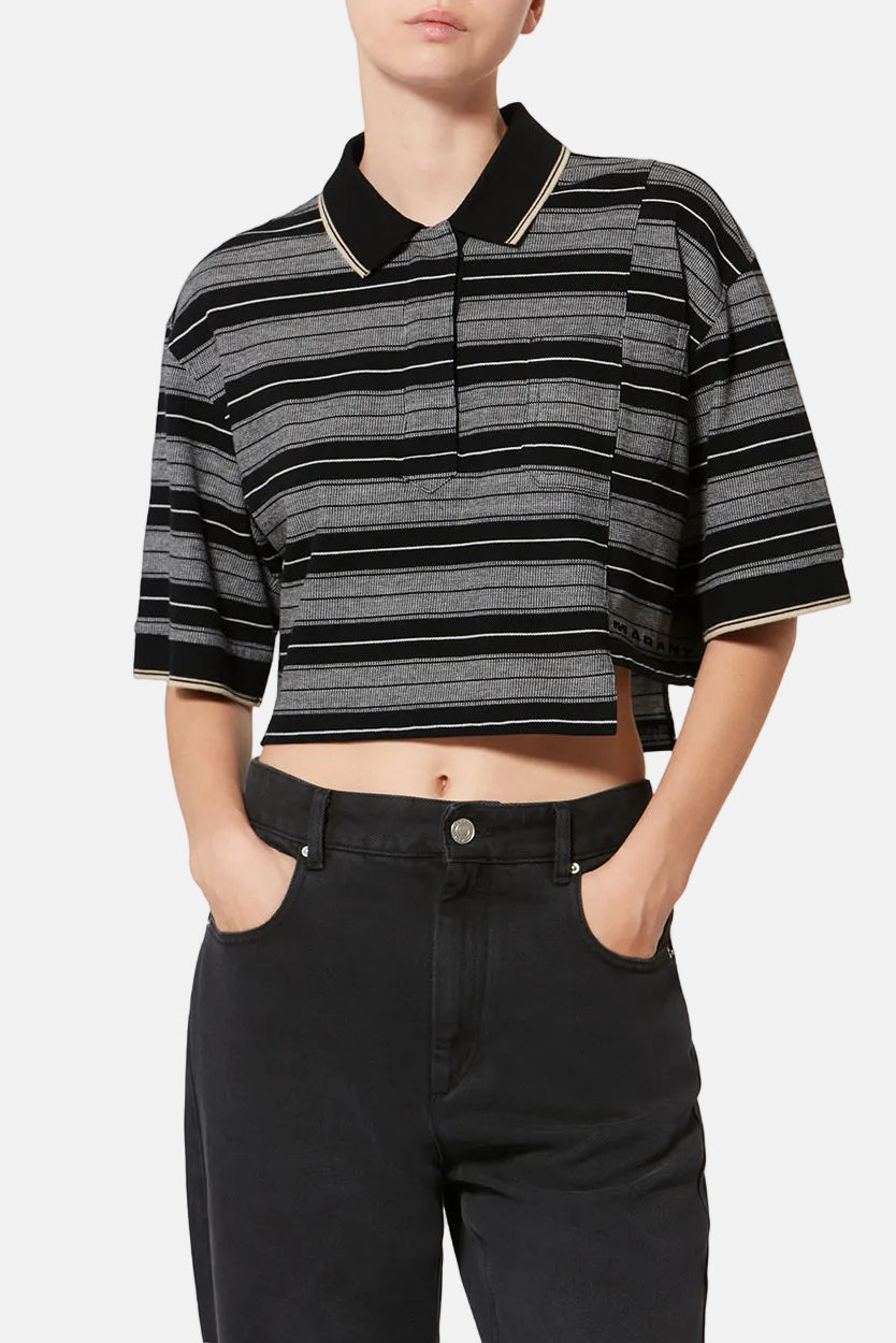Marant Étoile Isalyne Poloshirt in Black/Ecru, gestreiftes Piqué-Design mit Kontrastkragen und Relaxed Fit.