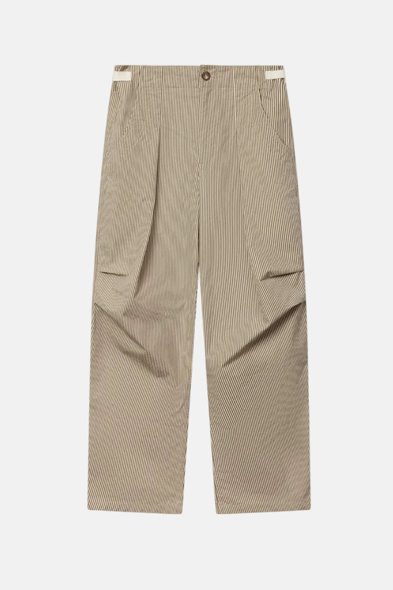 Marant Étoile Ceryne Hose in Beige/Khaki aus gestreifter Baumwolle mit Karottenform und Kordelzugbund.