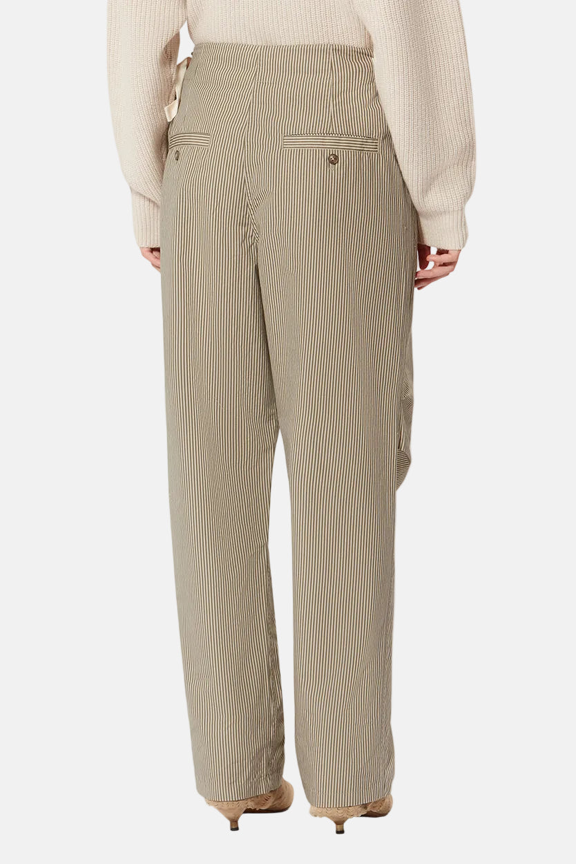 Marant Étoile Ceryne Hose in Beige/Khaki aus gestreifter Baumwolle mit Karottenform und Kordelzugbund.