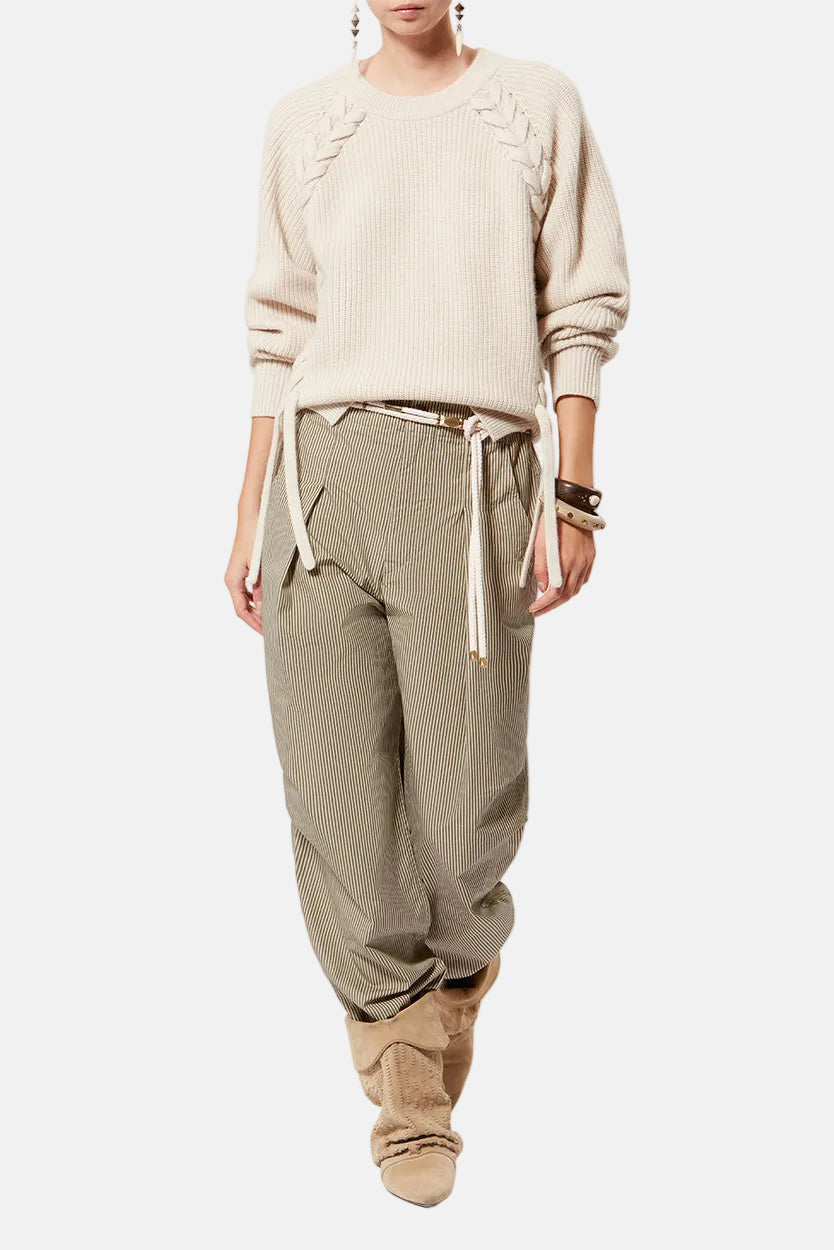 Marant Étoile Ceryne Hose in Beige/Khaki aus gestreifter Baumwolle mit Karottenform und Kordelzugbund.