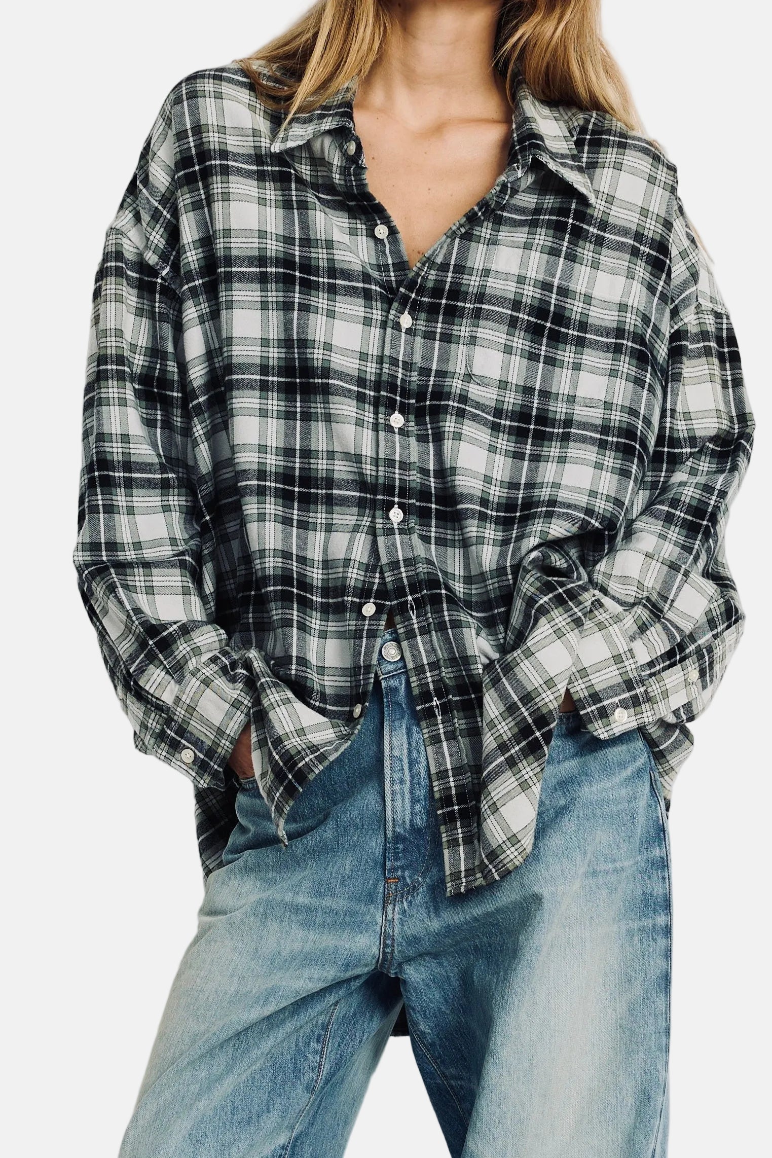 Denimist Button Front Shirt, Green/Ecru Plaid, Hemd