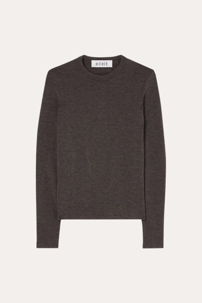 Fine wool crewneck, brown melange, long sleeve