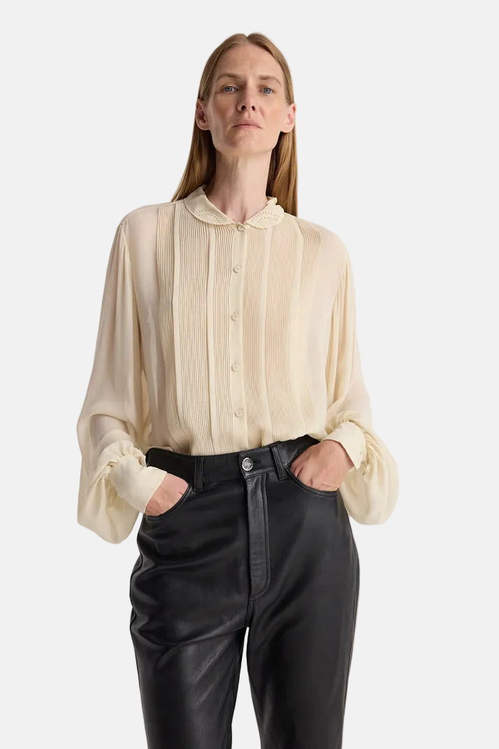 Róhe Pleated Silk Sheer Bluse in Cream, Ansicht 3