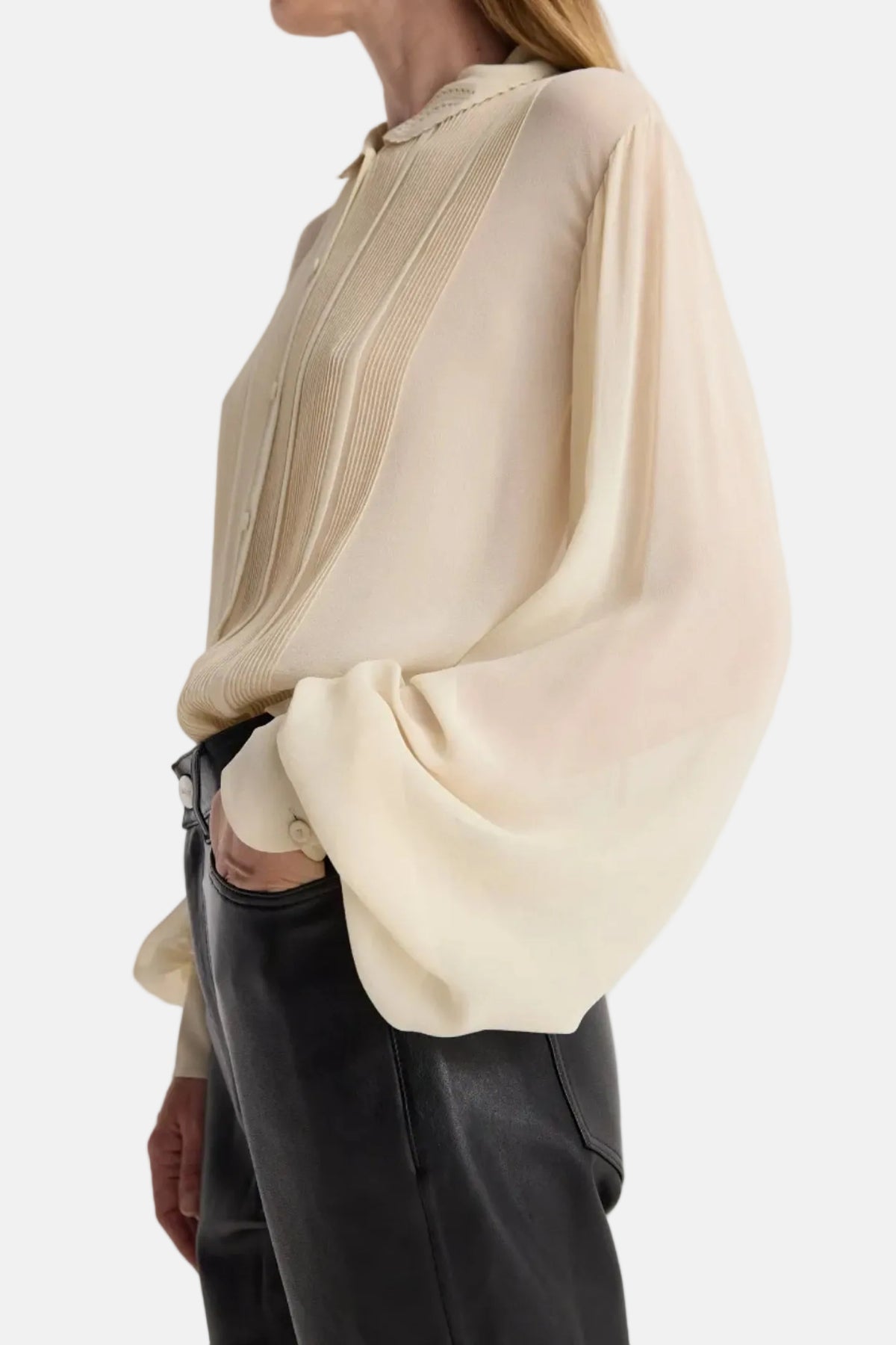 Róhe Pleated Silk Sheer Bluse in Cream, Ansicht 5