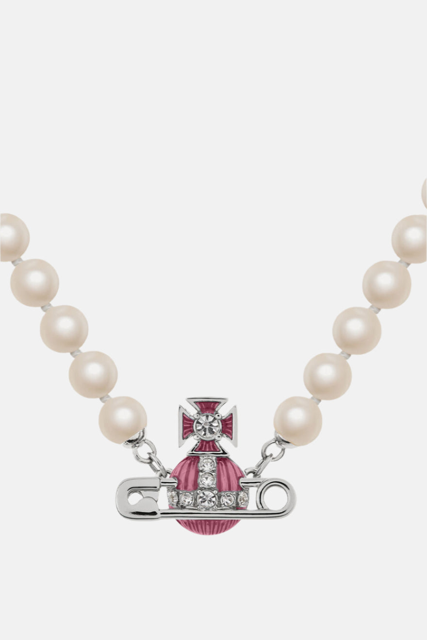 Vivienne Westwood Kitty, White Crystal/Light Rose, Platinum Perlen-Halskette