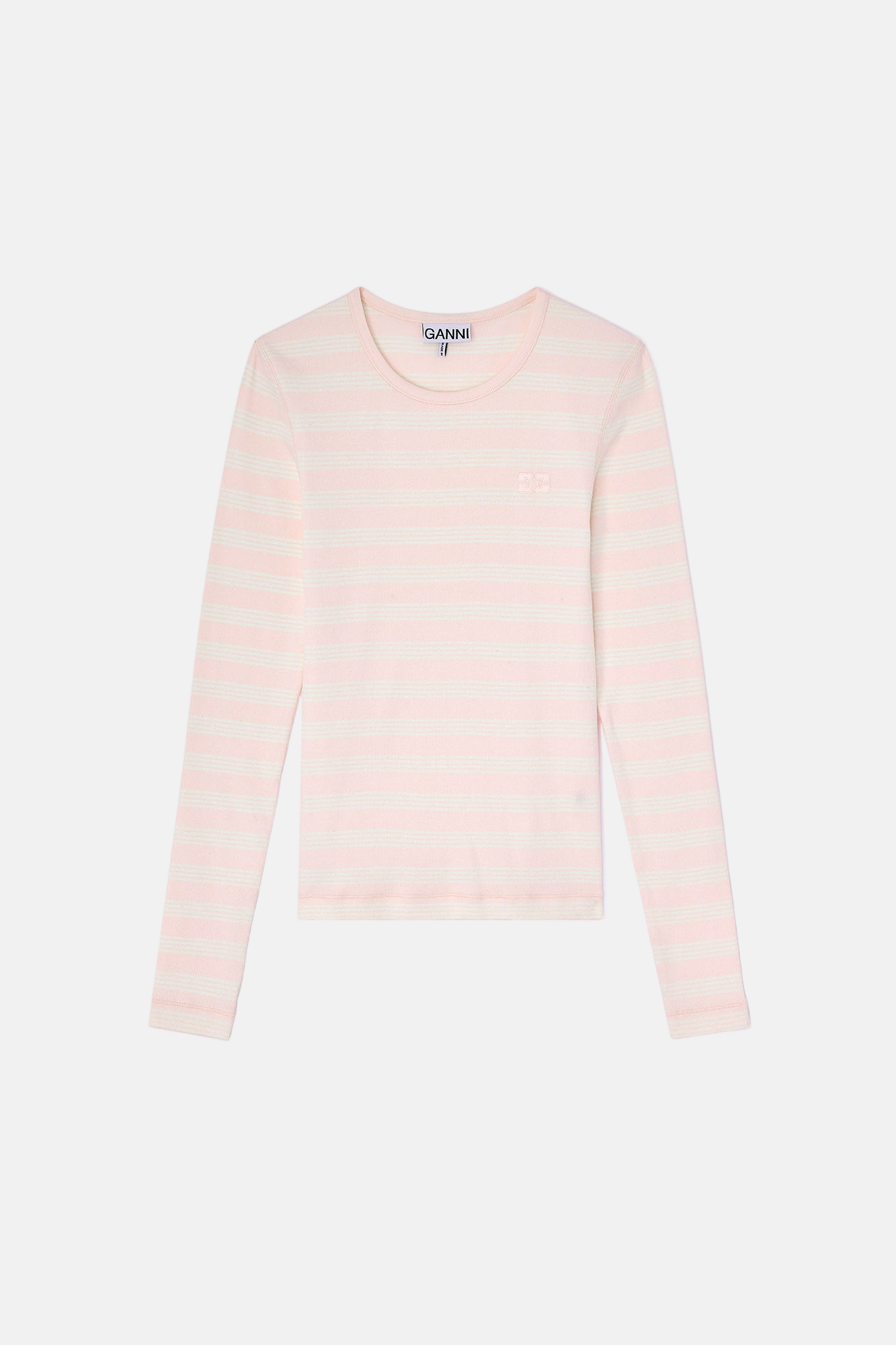 GANNI Soft Cotton Stripe Rib Longsleeve in Chalk Pink, gerippter Jersey, Streifen-Design, Slim Fit aus Organic Cotton.