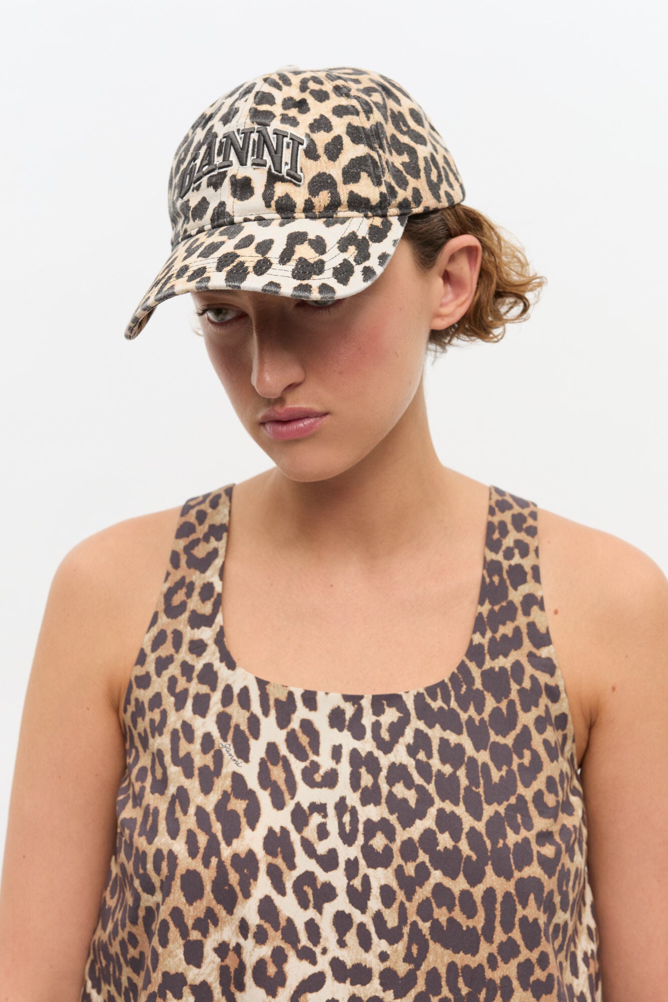 GANNI Cap, Washed Cotton Canvas, Leopard