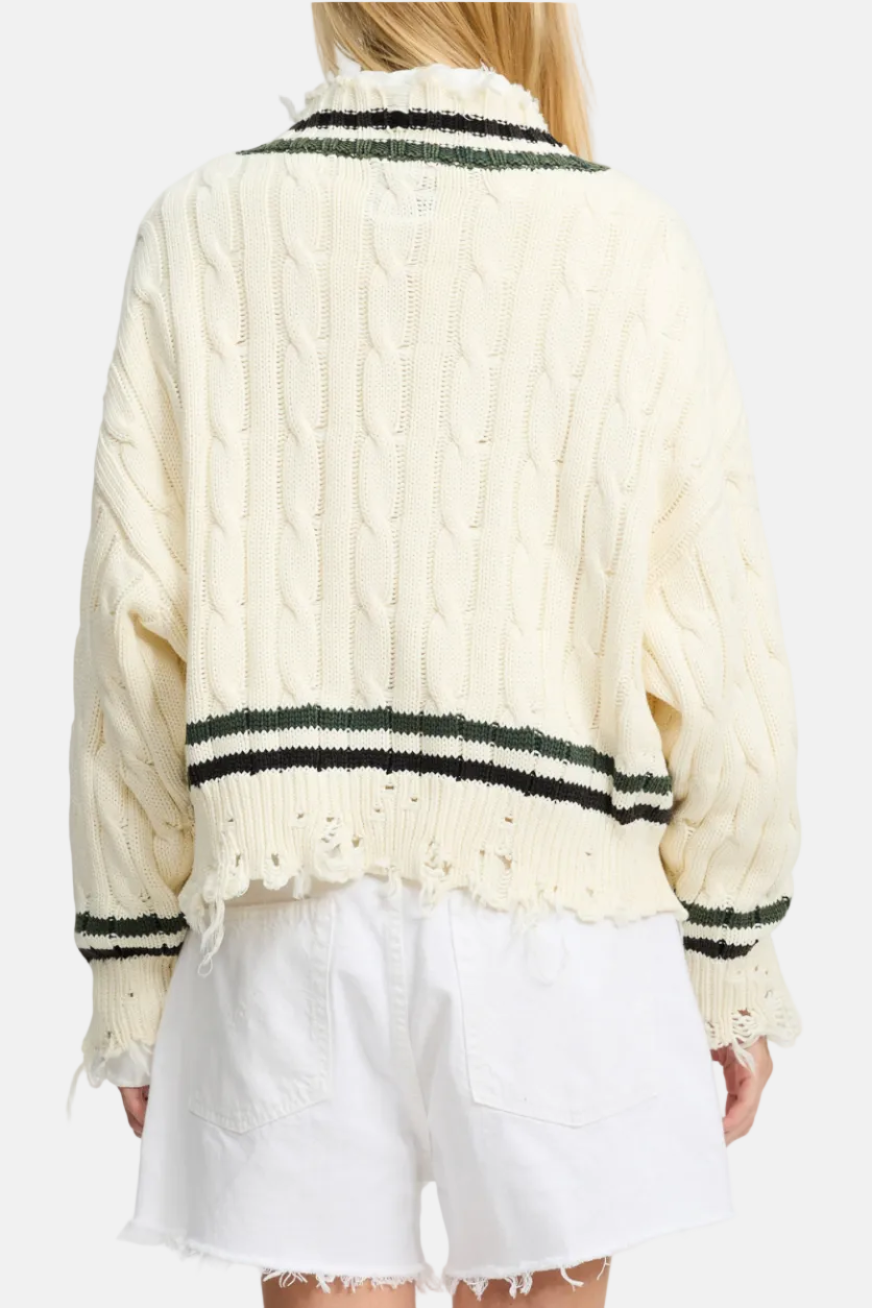 Denimist Cable Tennis, Cream & Black/Green Stripes, Cropped Sweater