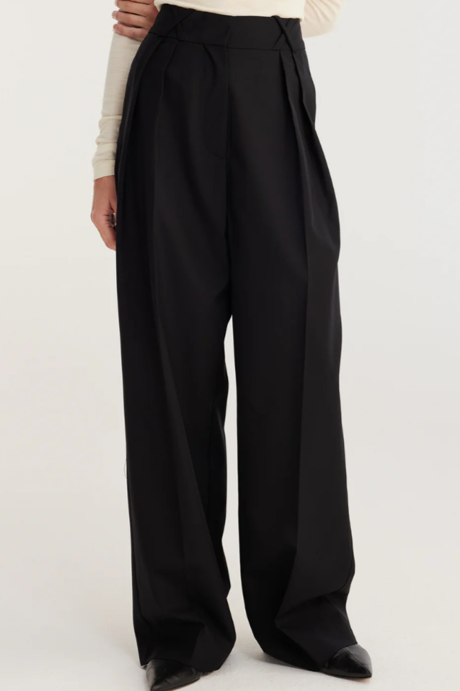 Wide Leg Double Pleated, Black, Pants