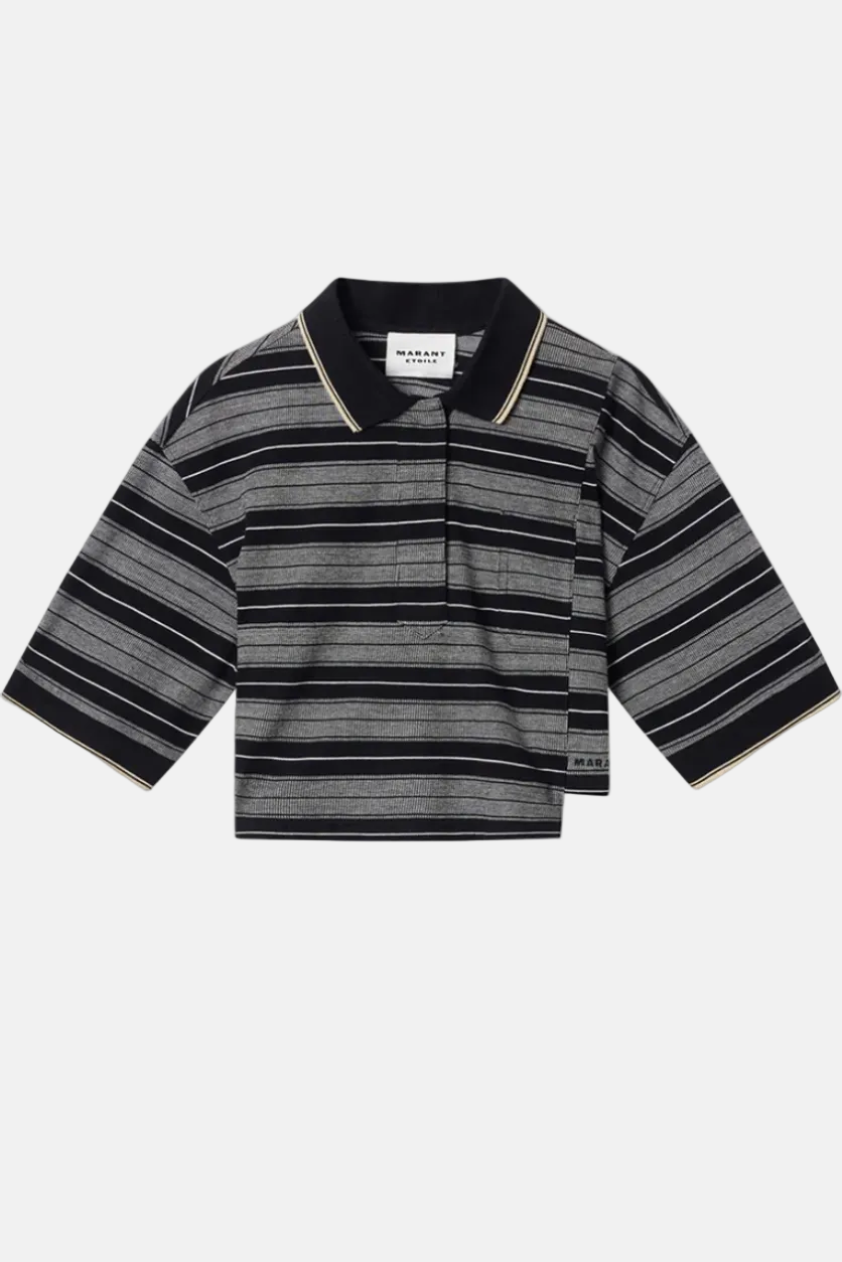 Marant Étoile Isalyne Poloshirt in Black/Ecru, gestreiftes Piqué-Design mit Kontrastkragen und Relaxed Fit.
