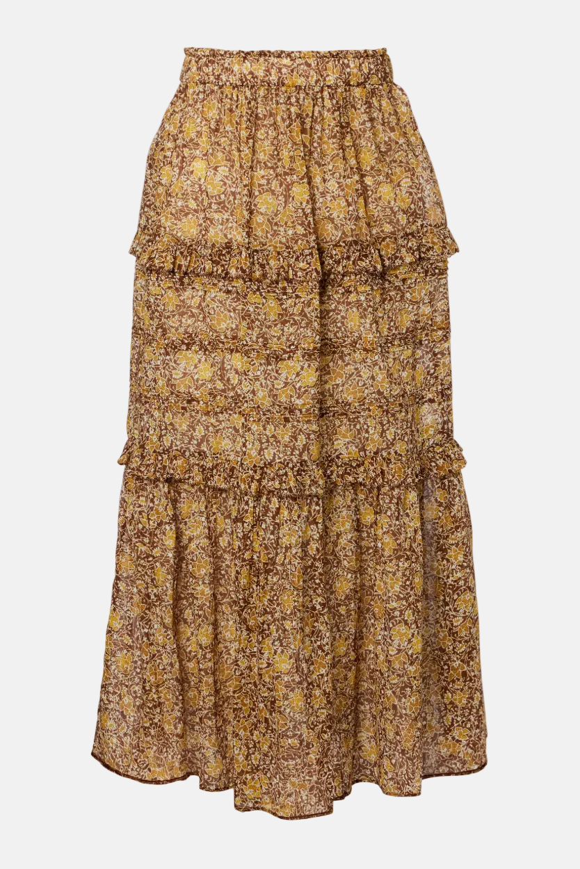 Marant Étoile Volomia Maxirock in Khaki Floral, gestufte Silhouette aus Bio-Baumwolle.