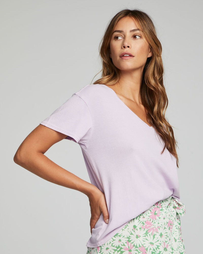 Short Sleeve, Lavender, V Neck Tee