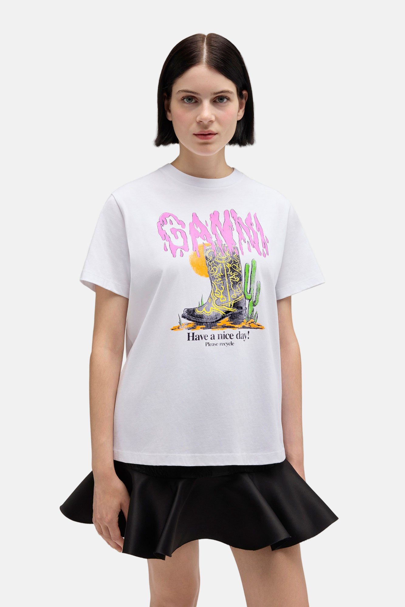 GANNI Cotton Jersey Boots Print, Bright White, T-Shirt