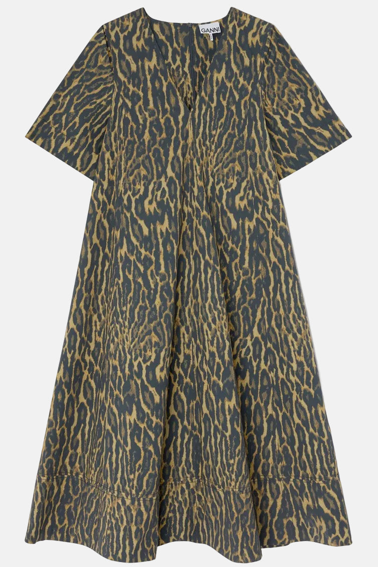 GANNI Printed Stretch Cotton, Khaki, A-line Dress