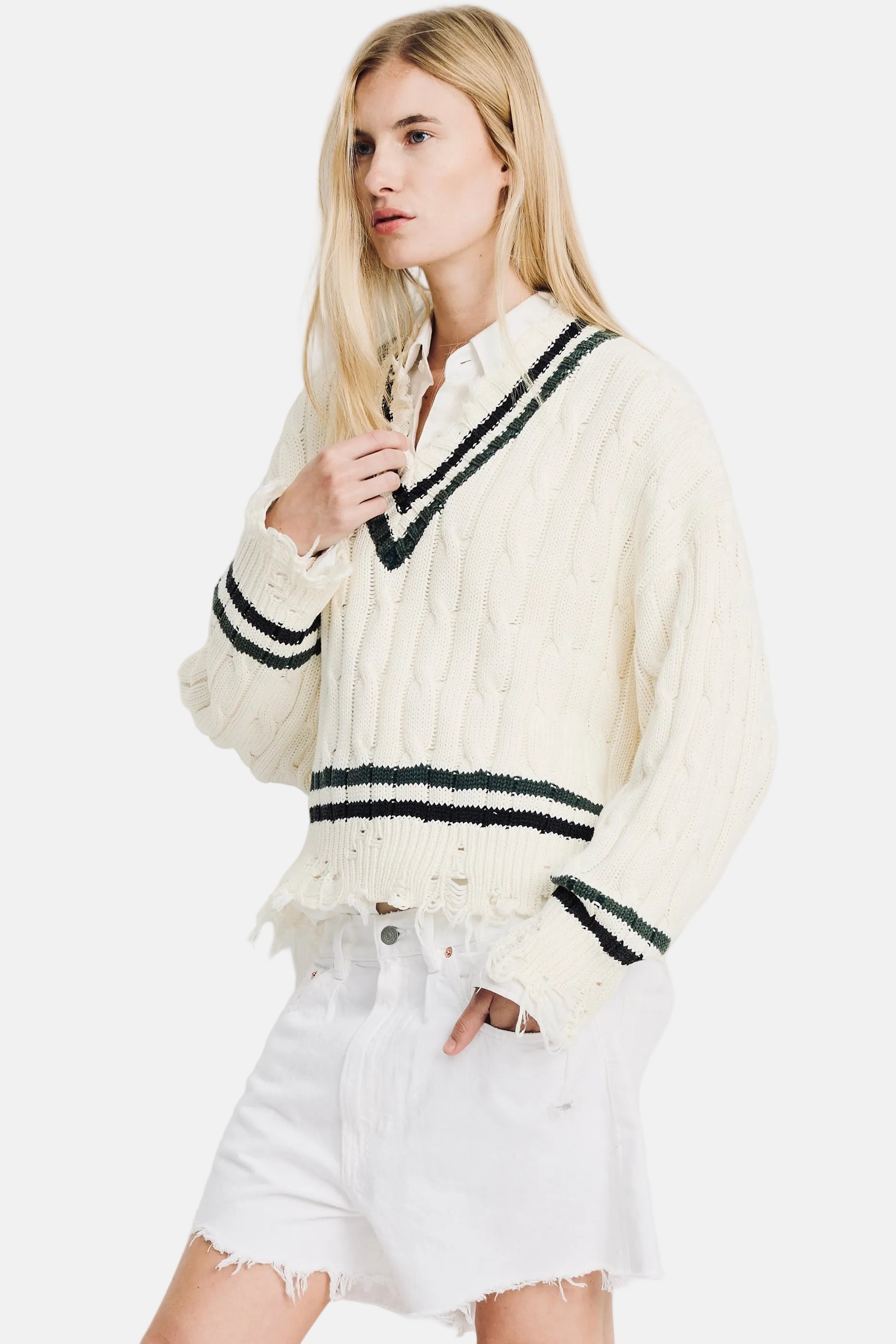 Denimist Cable Tennis, Cream & Black/Green Stripes, Cropped Sweater