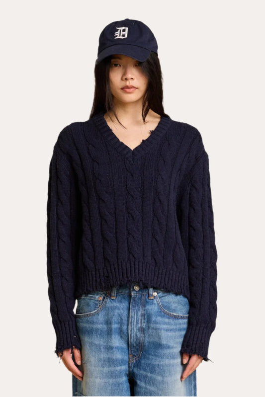 Cable V-Neck, Navy, Sweater