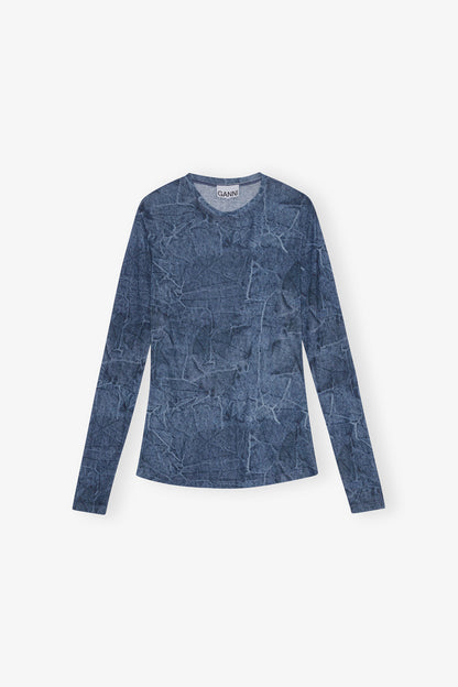 Mesh Crew Neck, Denim, Bluse