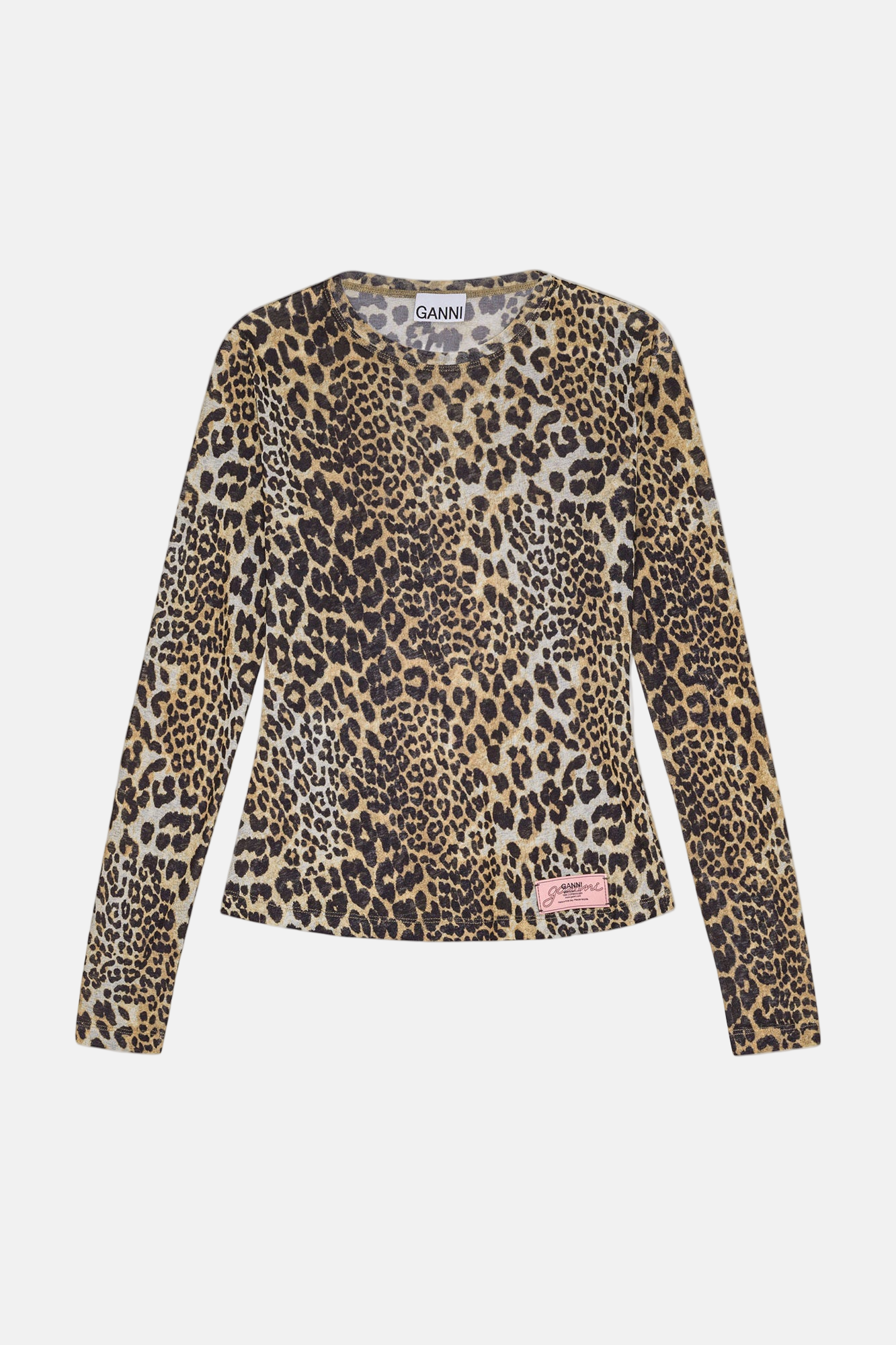GANNI Printed Marl Mesh Top in Leopard, figurbetontes Mesh-Design aus recyceltem Polyester, Longsleeve.