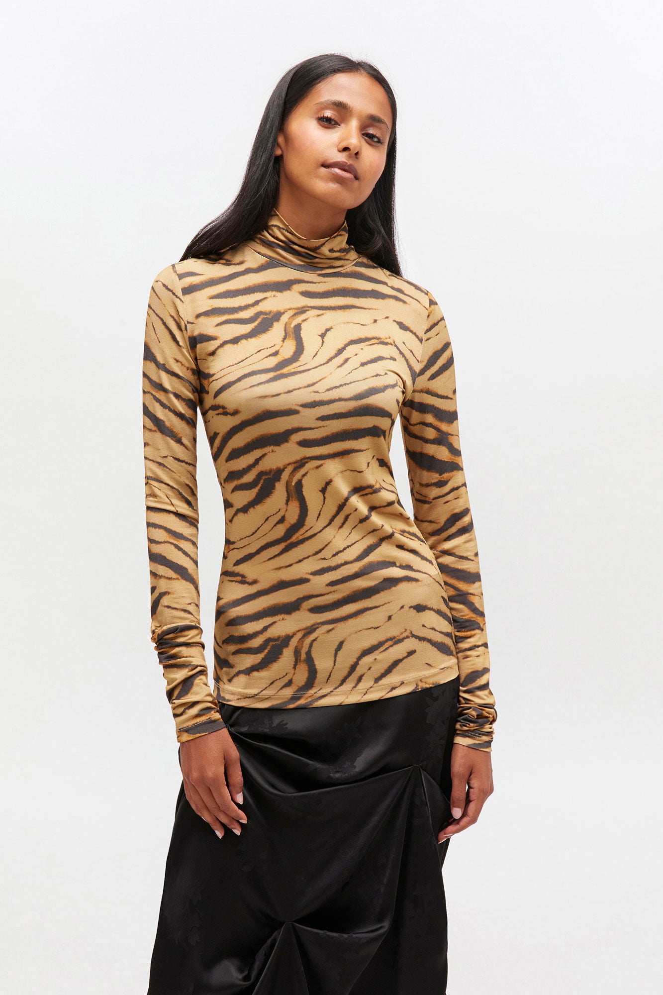 GANNI Printed Shiny, Khaki, Turtleneck
