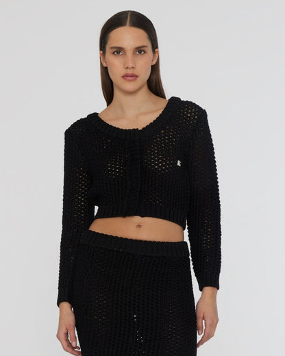 Heavy Crochet, Black, Cardigan